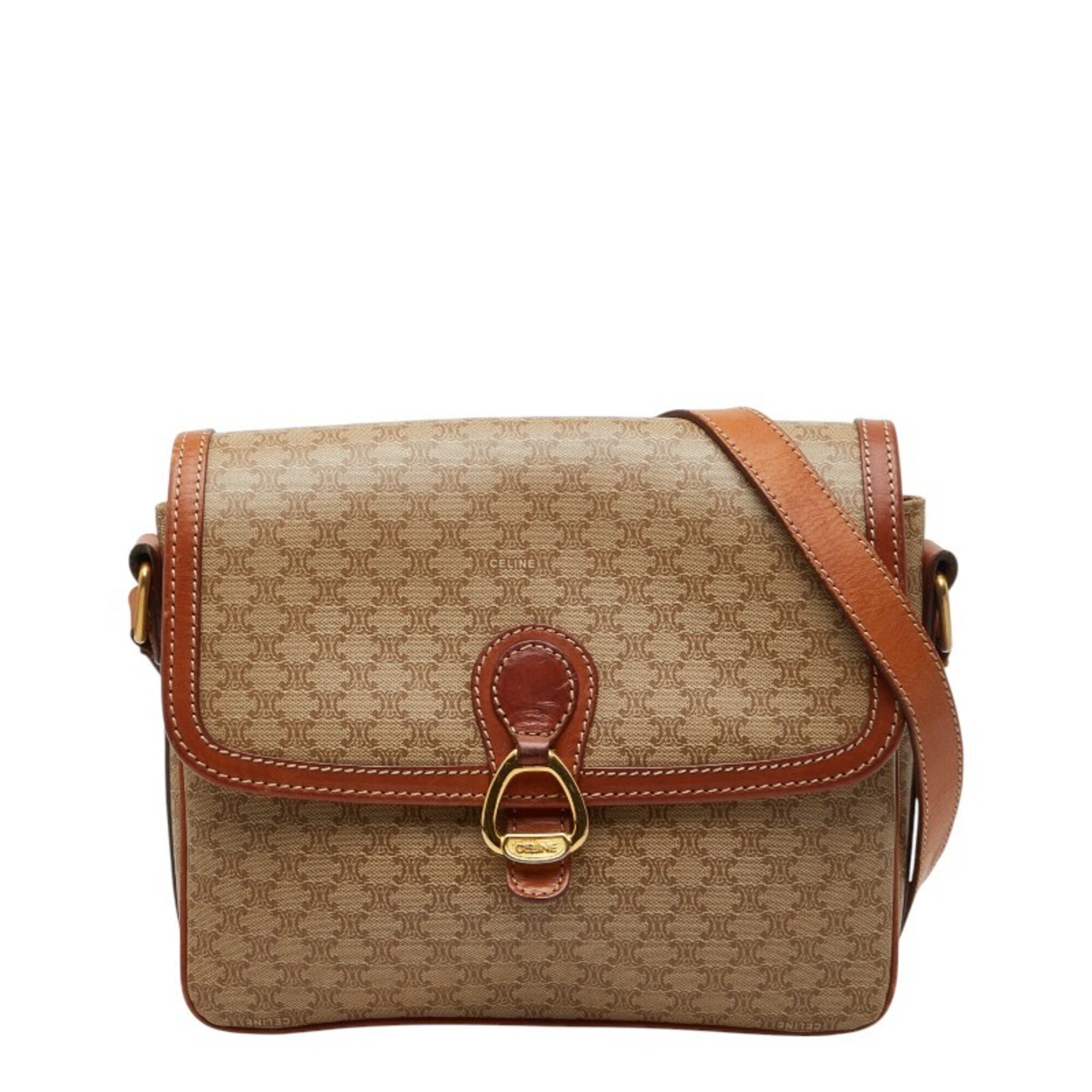 Celine Macadam Crossbody Shoulder Bag In Beige And Brown Leather For Women